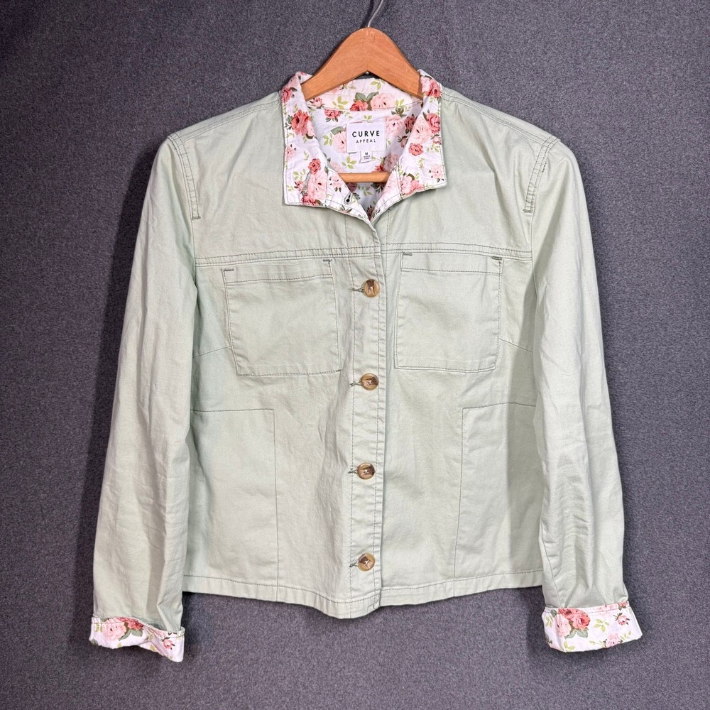 Curve Appeal Sage Green Floral Trim Jacket Womens Med Button Front CottageCore
